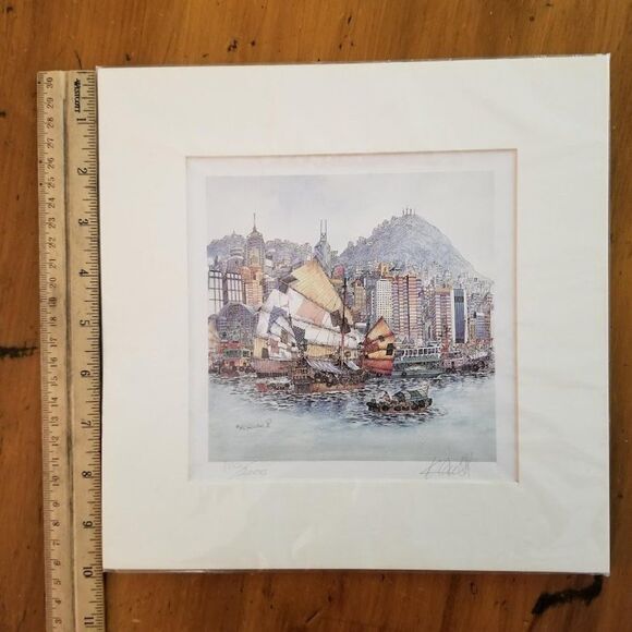 Chan Kau On's Hong Kong Harbour View of Hong Kong Signed Print Sail Boats Art - Picture 9 of 9